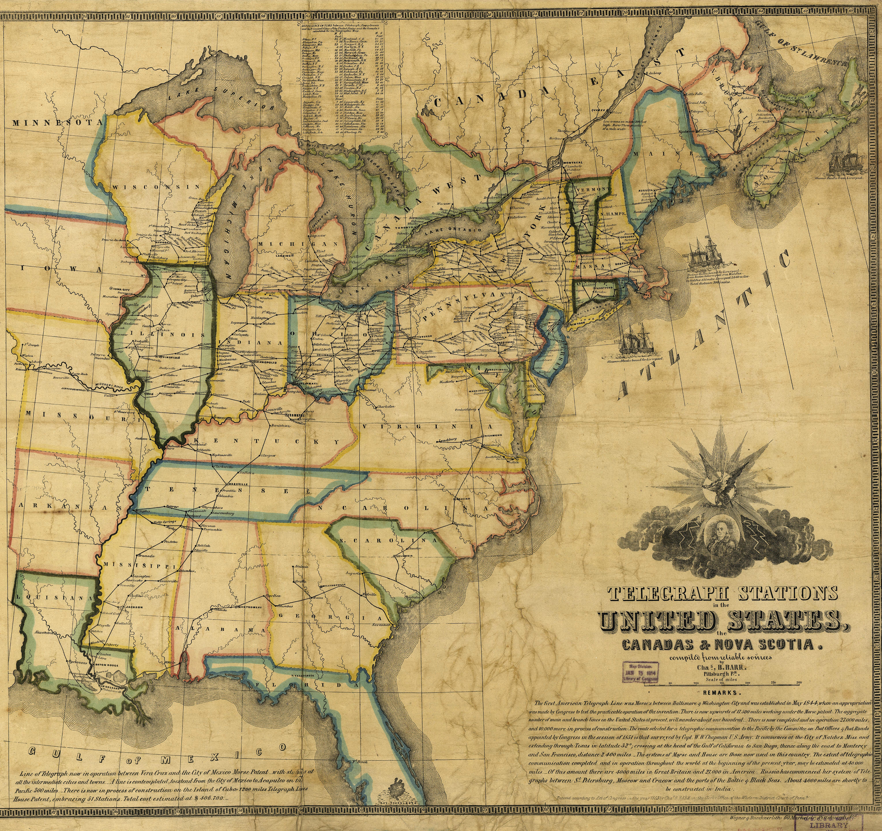 U.S. Telegraph Lines and Stations - 1853